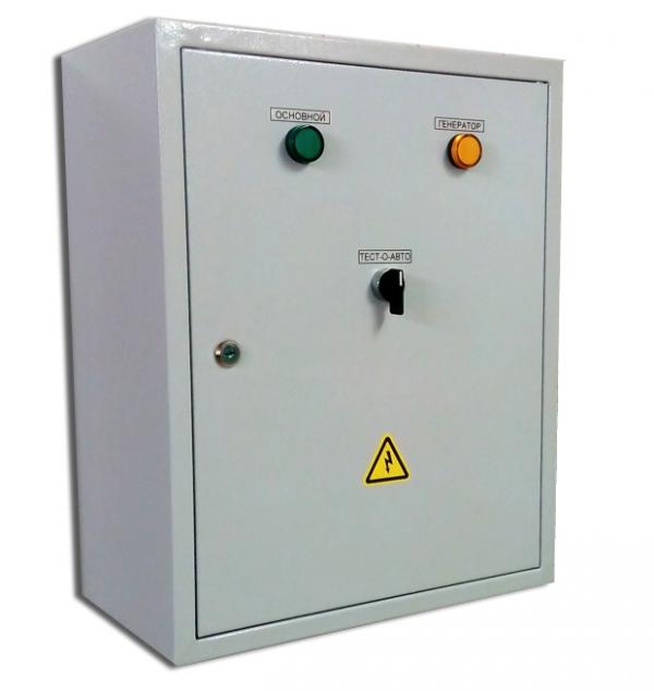 Щит переключения на генератор ЩАПг-3-3-50  с зарядным устройством, выходы под блок автозапуска БАЗГ-10,   (сеть 1/3 фазная генератор 1/3 -фазный  50А, 10/25кВт max IP31)